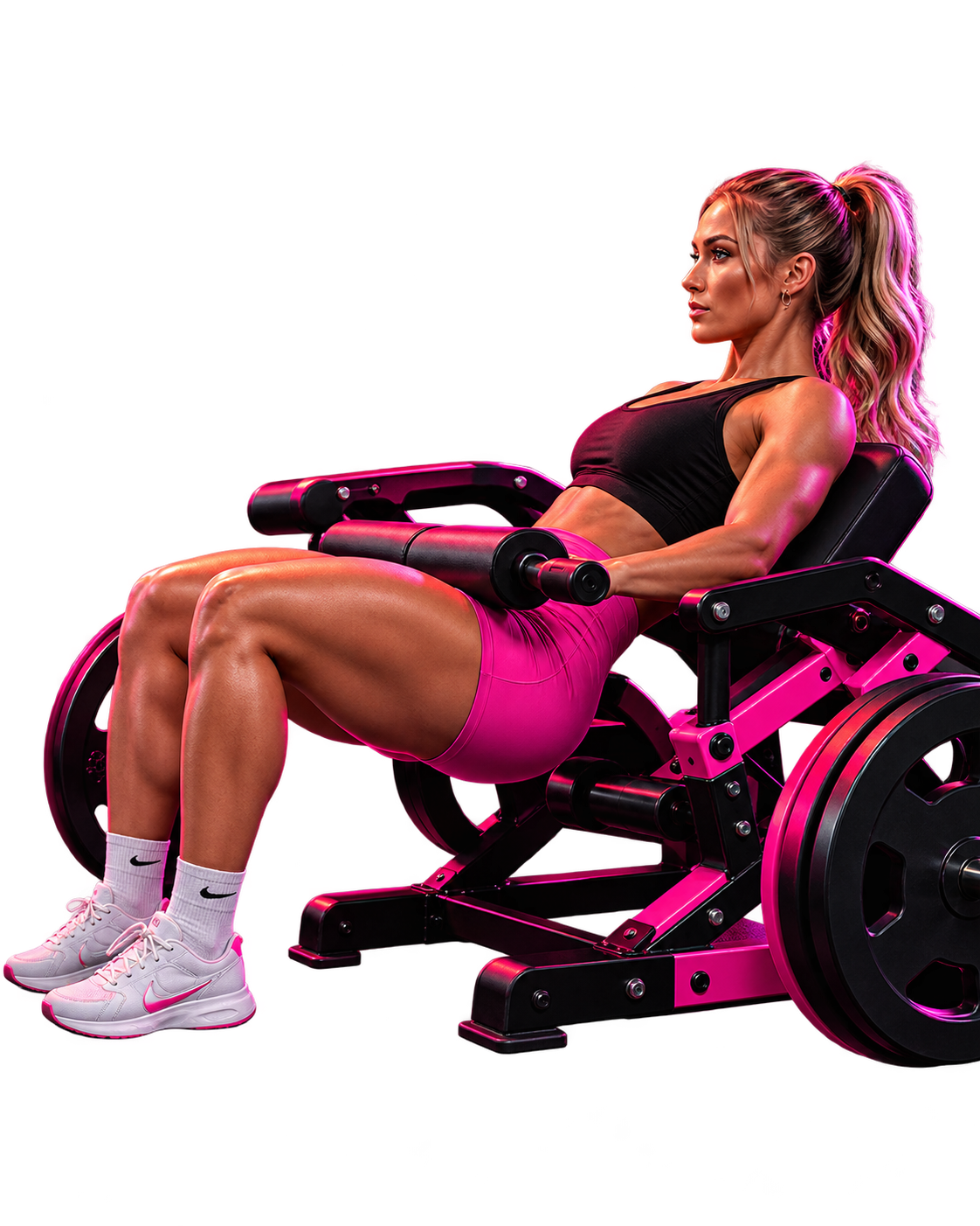 Athlete using a neon pink Peach Builder leg press machine
